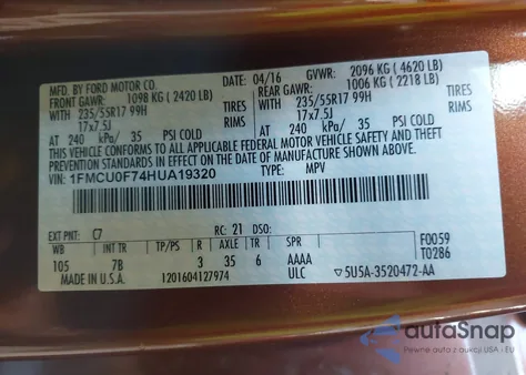 2017 Ford Escape S из США, поврежденный, VIN 1FMCU0F74HUA19320